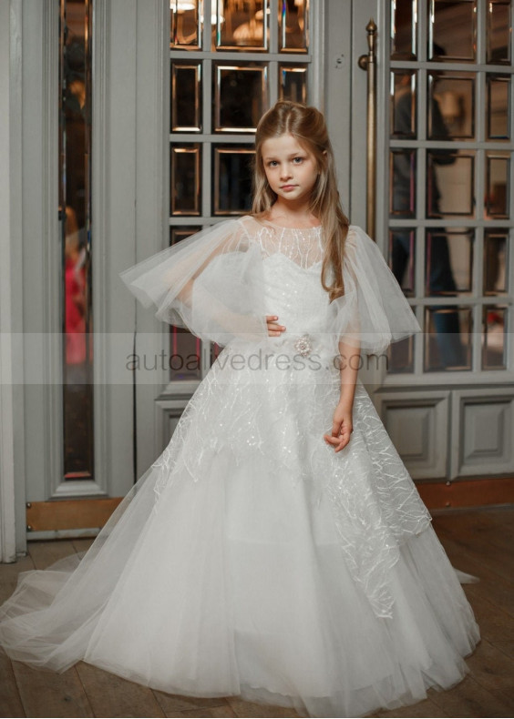 Puff Sleeves Sequined Lace Tulle Ivory Flower Girl Dress